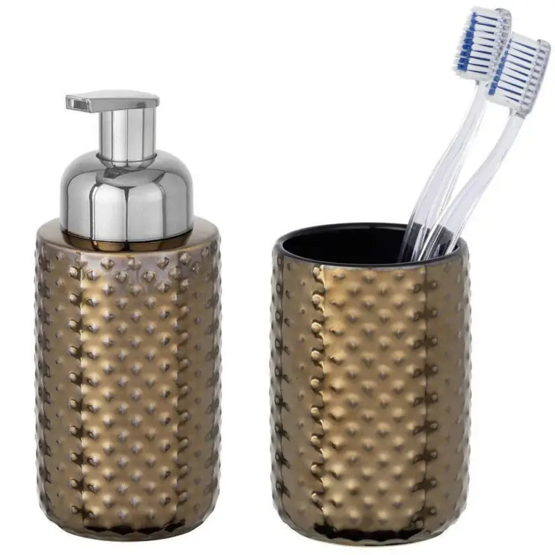 Zestaw akcesoriów łazienkowych, dozownik na mydło 300 ml + kubek, pojemnik na szczoteczki zębów, KEO, ceramika z ozdobną fakturą - WENKO Zniżka
