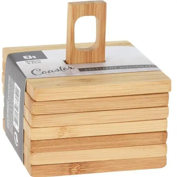 Zniżka Podkładki pod kubek na stojaku, 6 sztuk, 10 x 10 cm, bambus