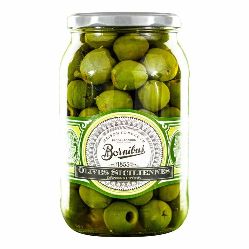 Taniej Zielone oliwki 880 g, sycylijskie, drylowane, BORNIBUS