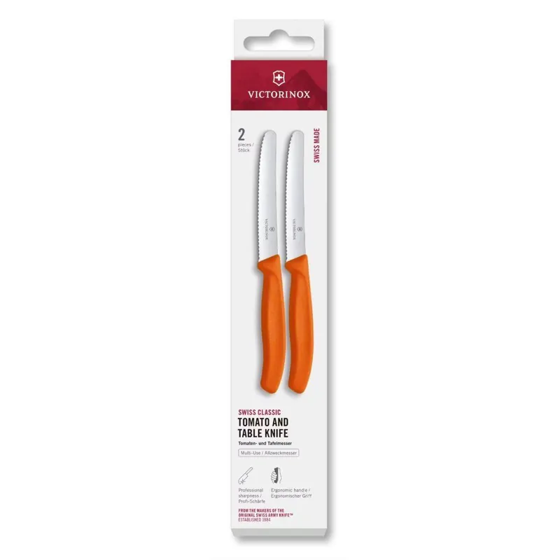 Łatwy zwrot Zestaw noży SWISS CLASSIC 11 cm, zestaw 2 szt., ząbkowane, pomarańczowy, plastikowy, Victorinox