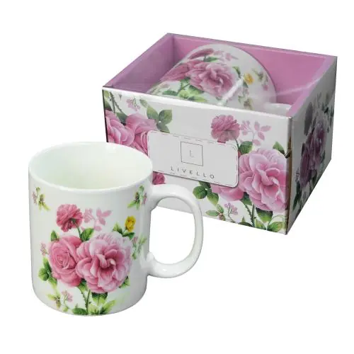 Livello Kubek porcelanowy JUMBO 670 ml do herbaty duży z uchem piwonie Premium