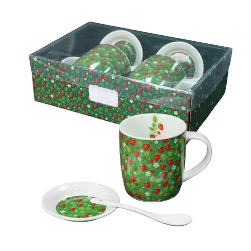 Zestaw 2x kubek porcelanowy prezent 340ml Livello spodek łyżeczka truskawki Nowość