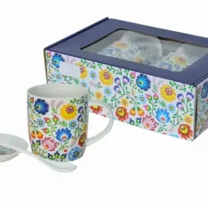 Zestaw 2x kubek porcelanowy 340 ml spodkami i łyżeczkami folklor łowicki Zamów teraz