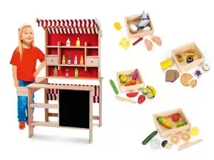 Taniej Mini Market - Drewniany Sklep do zabawy + duży zestaw artykułów spożywczych