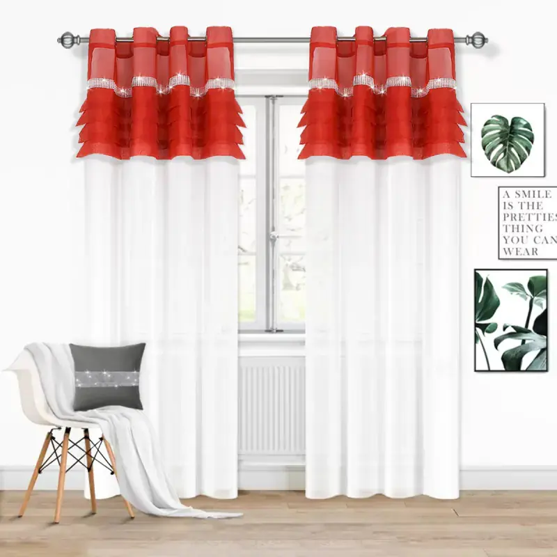 Firana woalowa z czerwoną falbanką i cyrkoniami na przelotkach 145x250cm ARIADNA Promocja