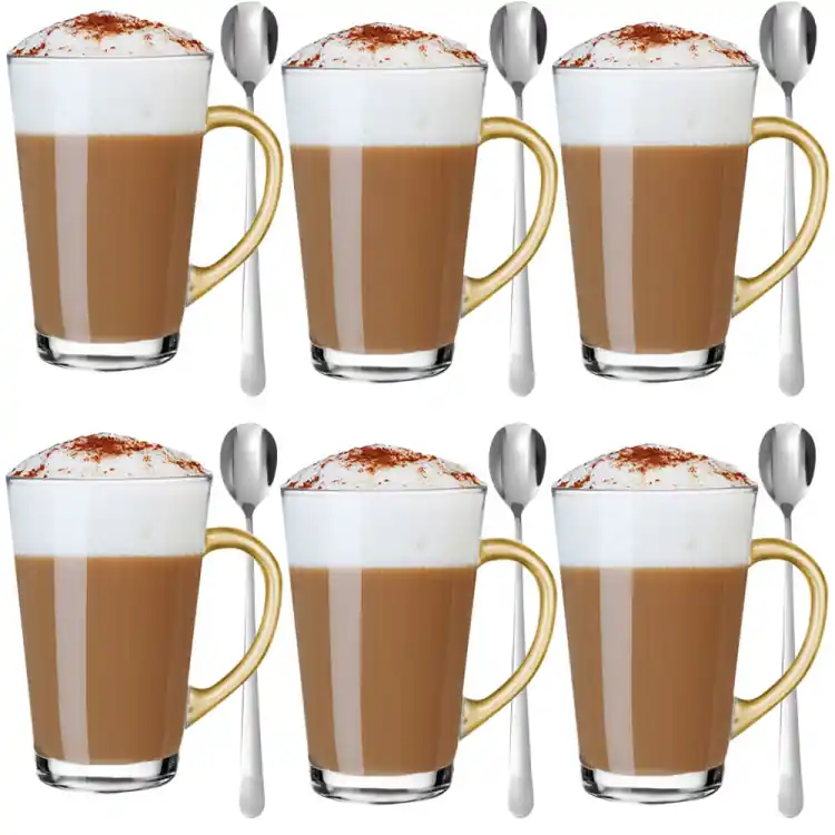 Okazja Szklanki ze złotym uchem 300 ml Glasmark Iwo do herbaty kawy latte macchiato komplet 6 sztuk z długimi łyżeczkami