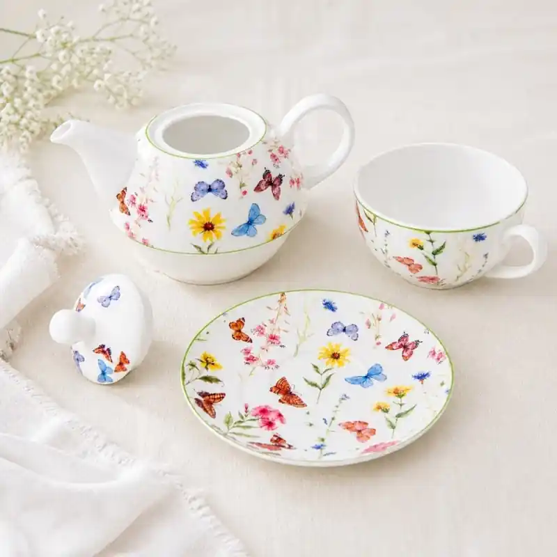 Dzbanek porcelanowy z filiżanką biały imbryk w z motywem polnym do zaparzania herbaty 400ml ODELO VEDIA OD2958 Delhan Tani