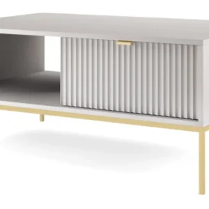 Ława kawowa Vellore 104x68 cm szara z ryflowanym frontem i złotym stelażem Wyjątkowa oferta