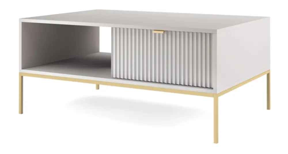 Ława kawowa Vellore 104x68 cm szara z ryflowanym frontem i złotym stelażem Wyjątkowa oferta
