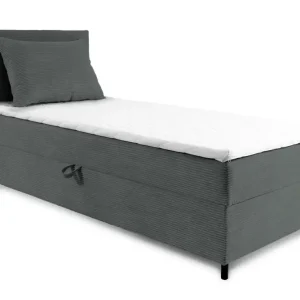 Łóżko kontynentalne jednosobowe Montigo Mini 90x200 cm z pojemnikiem, topperem i poduszką szare sztruks nogi czarne lewostronne Zamów dziś