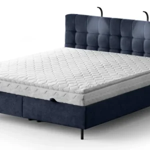 Łóżko kontynentalne 140x200 cm Muna z pojemnikiem i oświetleniem LED granatowe welur Oferta czasowa