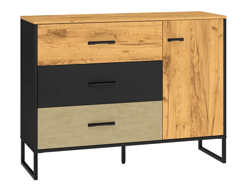 Komoda młodzieżowa jednodrzwiowa Colt z trzema szufladami 120 cm dąb craft/czarny/stal Oferta limitowana