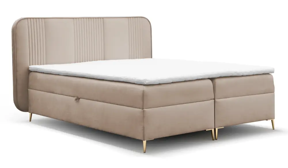 Łóżko kontynentalne 160x200 cm Clarentino z dwoma pojemnikami i topperem beżowe welur hydrofobowy Oferta