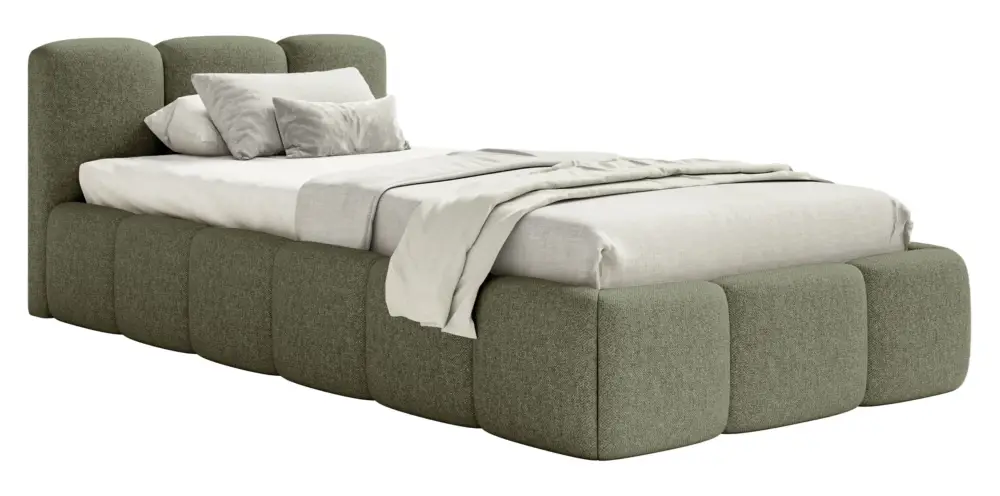 Oferta Łóżko tapicerowane 90x200 cm Cloudy Low z pojemnikiem stelaż metalowy oliwkowe szenil hydrofobowy