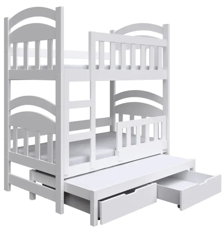 Łóżko piętrowe 75x180 cm Dopio trzyosobowe z materacami i szufladami biały Oferta limitowana